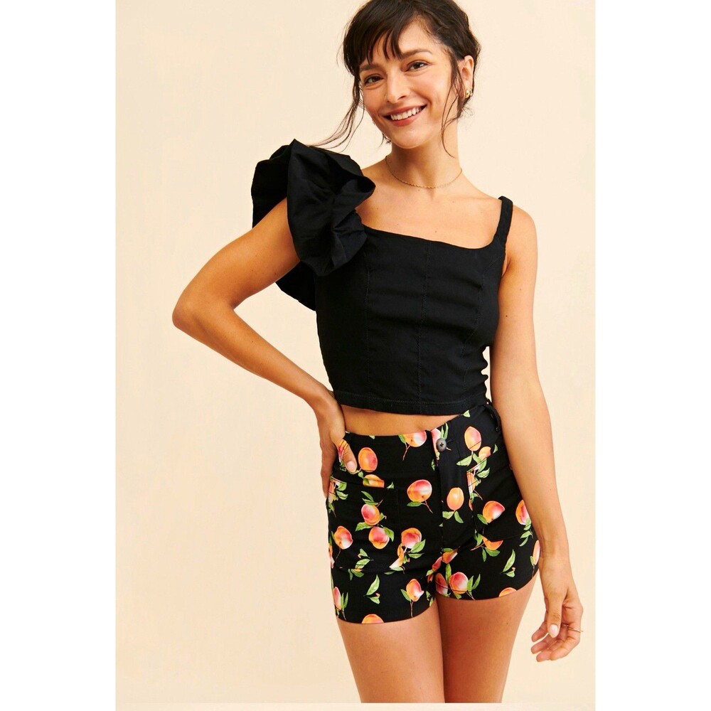 Maeve by Anthropologie The Colette Black Floral Flat Front Button Shorts 30